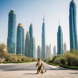 A mischievous monkey making its way through the ultra-modern cityscape of Dubai, the contrasting skyscrapers forming an impressive backdrop.