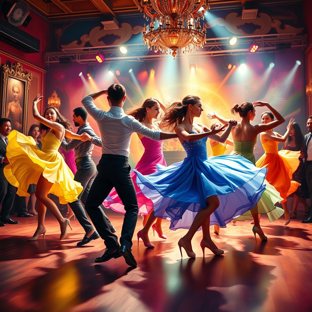 A lively and vibrant dance scene depicting multiple dancers in mid-performance, showcasing various dance styles such as ballet, salsa, and contemporary