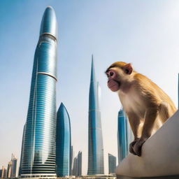 A mischievous monkey making its way through the ultra-modern cityscape of Dubai, the contrasting skyscrapers forming an impressive backdrop.