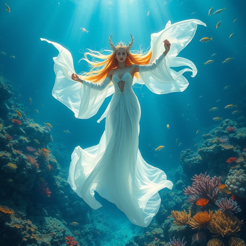 A jinn princess dressed in flowing white attire, gracefully soaring through the deep blue ocean as if she were flying through the sky
