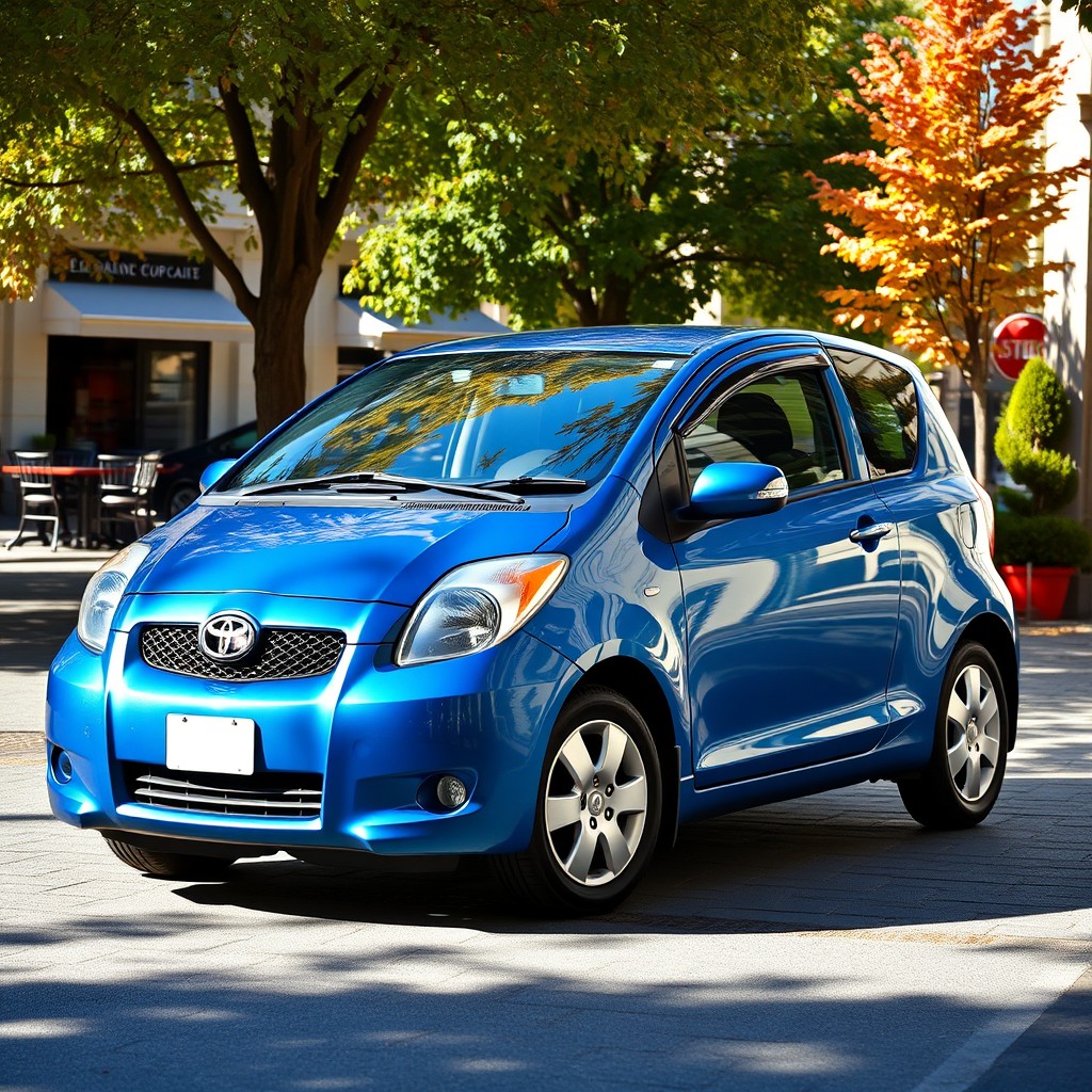 A 2006 Toyota Vitz parked in a quaint urban setting, showcasing its sleek and compact design