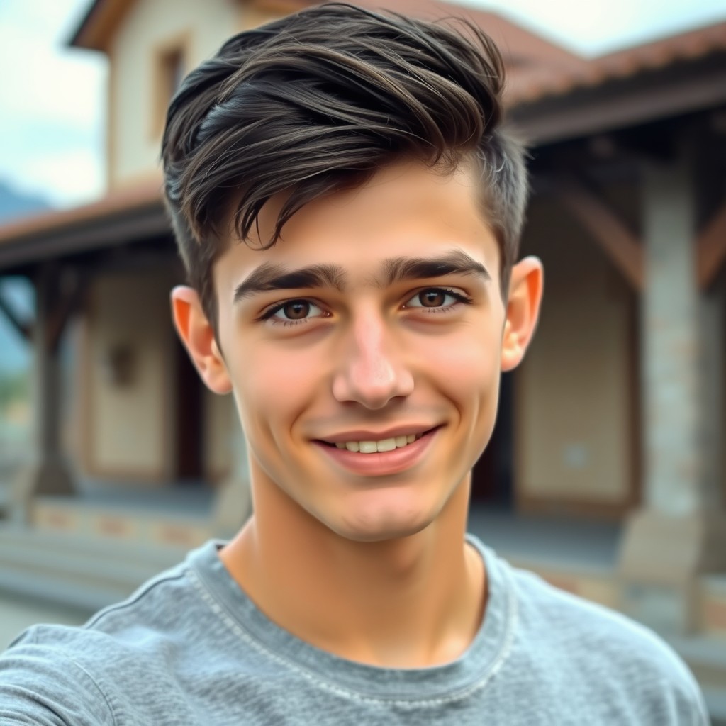 A very handsome young Bulgarian man, 18 years old, with striking features including short black hair and a finely shaped pointed nose