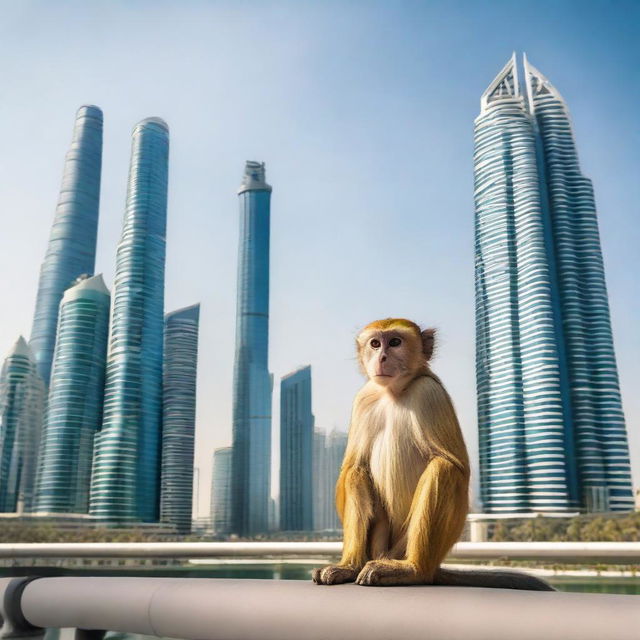 A mischievous monkey making its way through the ultra-modern cityscape of Dubai, the contrasting skyscrapers forming an impressive backdrop.