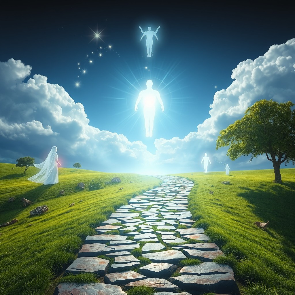 A visually captivating representation of a path leading toward enlightenment and self-discovery, featuring a serene landscape that symbolizes the journey of understanding human existence