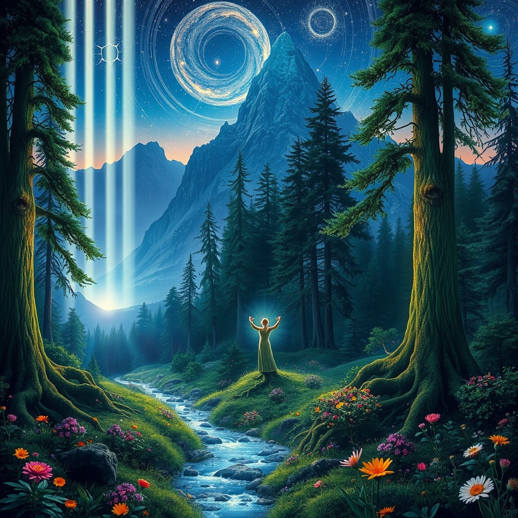 A mystical landscape depicting the awakening of being and the memory of Earth, featuring a lush green forest with tall ancient trees, glowing roots that seem to pulse with energy, and vibrant wildflowers in various colors