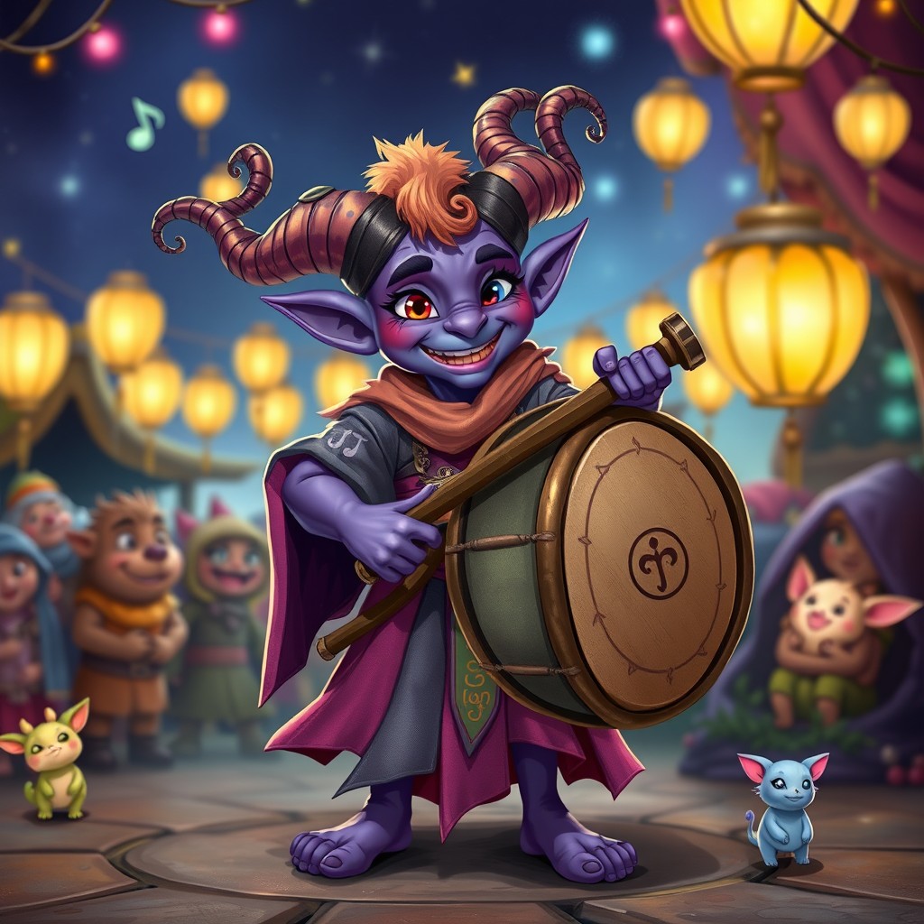 A cute tiefling bard with vibrant purple skin and long, curling horns, joyfully playing a large drum