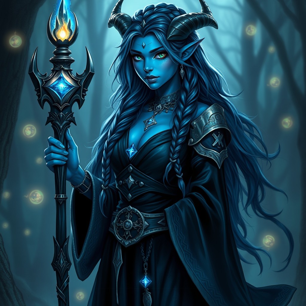 A beautiful female tiefling warlock with stunning blue skin, elegantly holding a mystical staff adorned with glowing crystals and symbols of magic