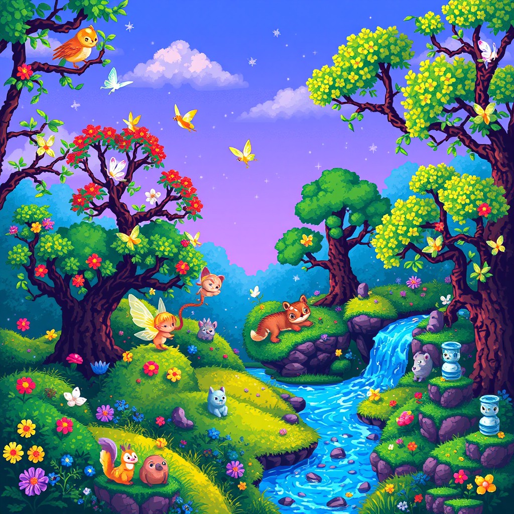 A vibrant and detailed pixel art scene depicting a lush fantasy forest, filled with whimsical creatures such as fairies and sprites fluttering about