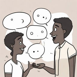 A dynamic cartoon drawing of two people engrossed in a lively conversation. Their animated expressions and gestures, along with floating speech bubbles, give life to their discussion.