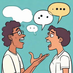 A dynamic cartoon drawing of two people engrossed in a lively conversation. Their animated expressions and gestures, along with floating speech bubbles, give life to their discussion.