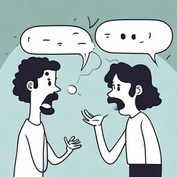 A dynamic cartoon drawing of two people engrossed in a lively conversation. Their animated expressions and gestures, along with floating speech bubbles, give life to their discussion.