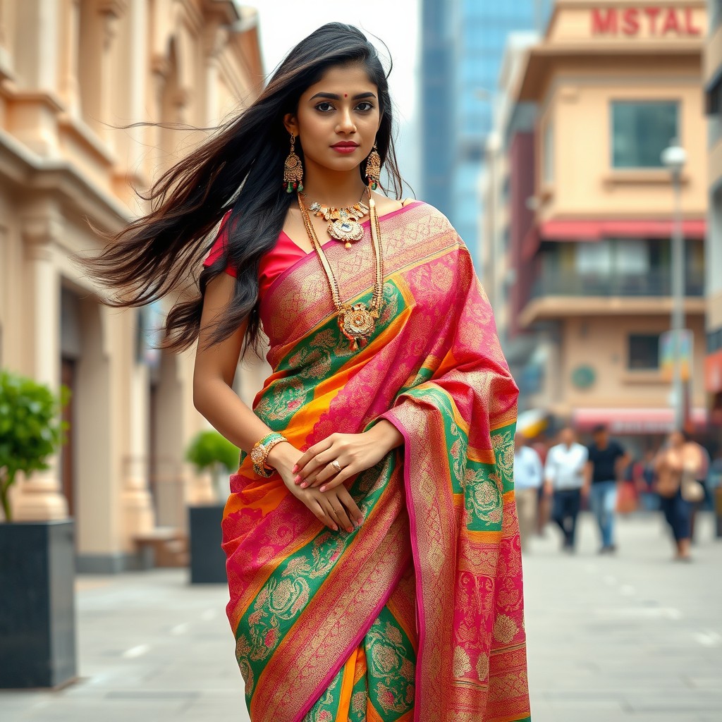 A stylish young Indian woman dressed in a vibrant traditional saree, with intricate patterns and a beautiful color palette, standing confidently in an urban setting