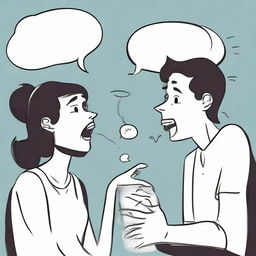 A dynamic cartoon drawing of two people engrossed in a lively conversation. Their animated expressions and gestures, along with floating speech bubbles, give life to their discussion.