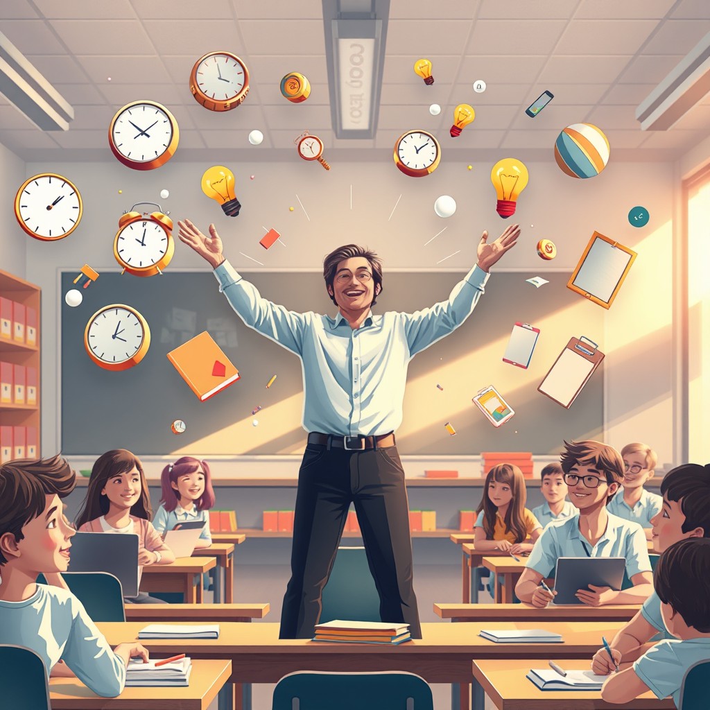 A contemporary digital illustration featuring a teacher in the center of a modern classroom, radiating energy and dynamism