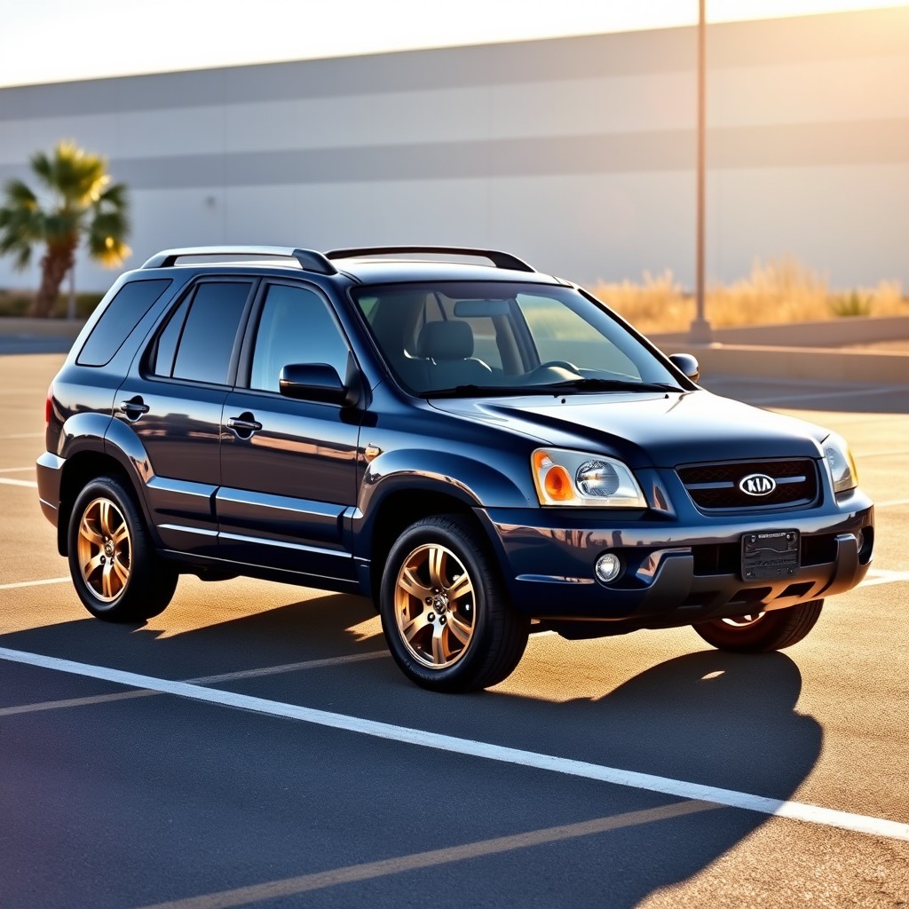 A realistic photo of a 2005 Kia Sportage, featuring a dark blue color and shiny gold rims