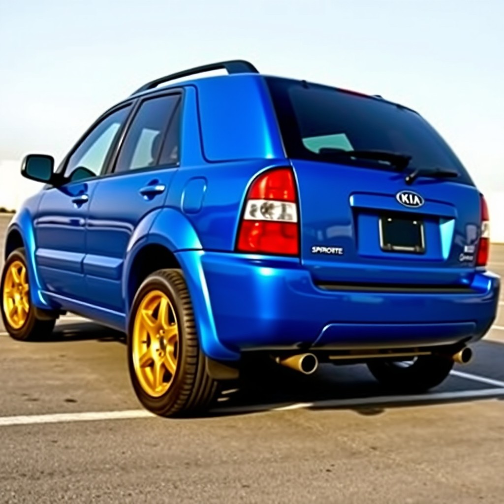 A realistic photo of a 2005 Kia Sportage, featuring a vibrant blue color known as blue sumarte