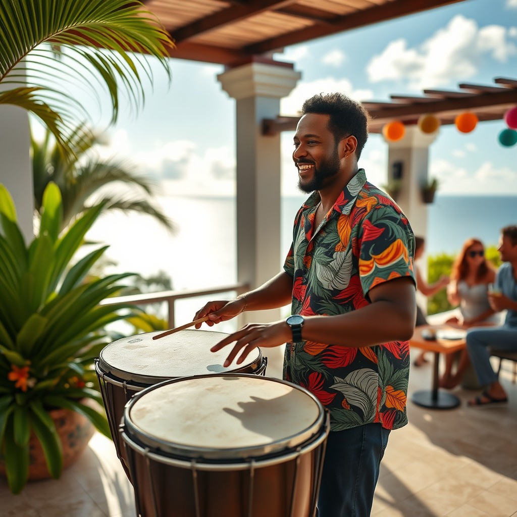 A stylish Caribbean man playing percussion drums on the terrace of a large villa