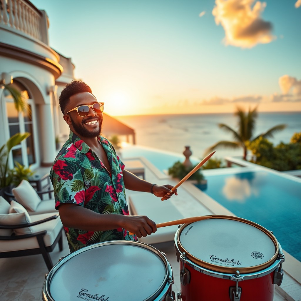 A stylish Caribbean man playing the drums on the terrace of a grand villa, showcasing his passion for music