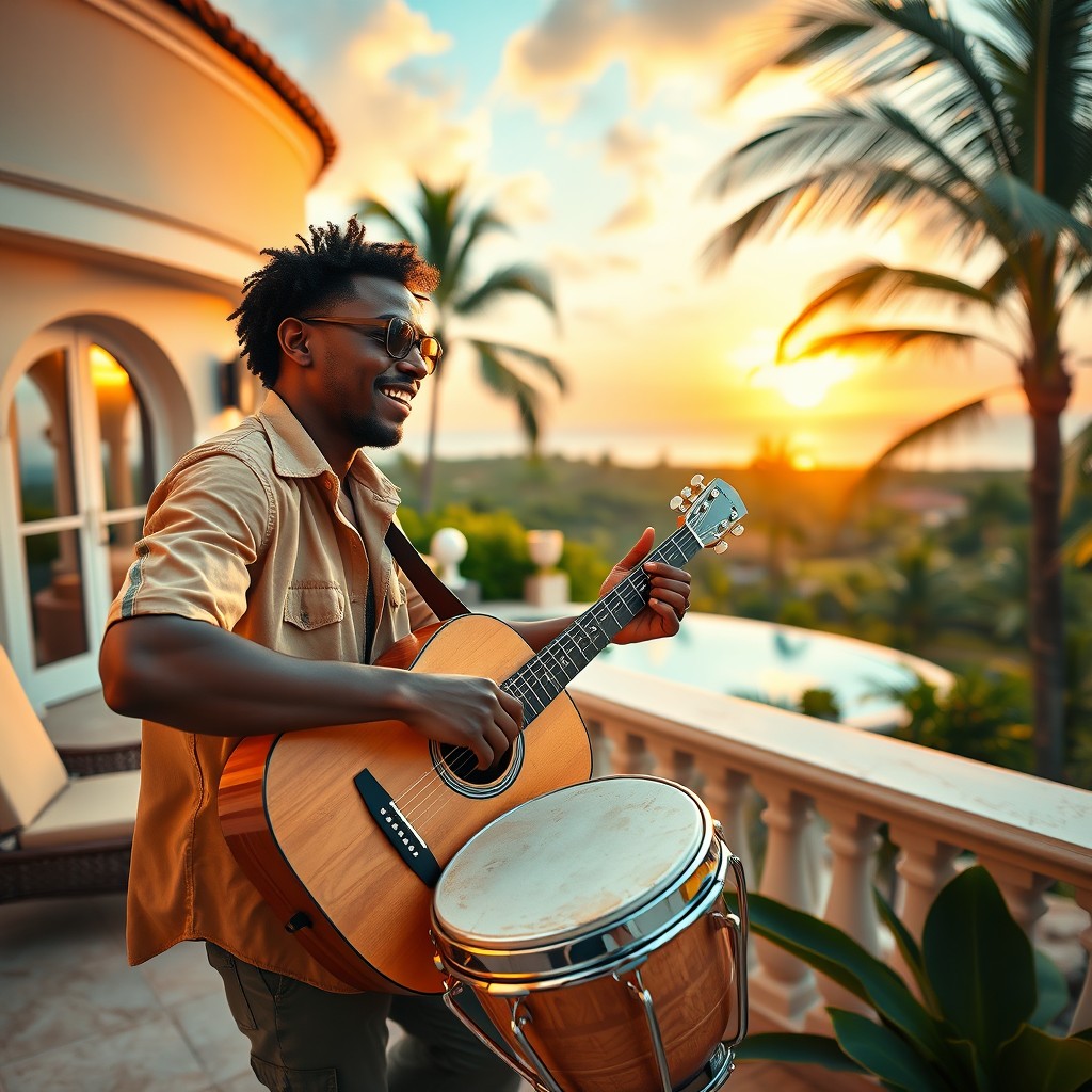 A stylish Caribbean man passionately playing acoustic drums on the terrace of a large villa