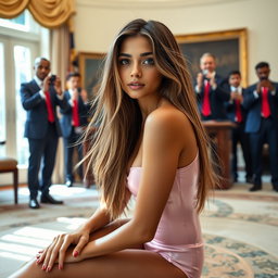 In the prestigious Oval Office, an 18-year-old Arabic woman enthralls with her stunning presence as she sits on the floor