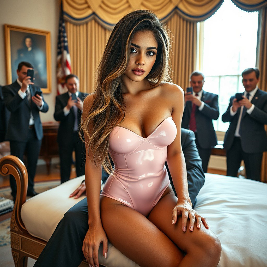 In the elegant setting of the Oval Office, an 18-year-old Arabic woman captivates with her striking beauty as she sits gracefully on a fancy bed, perched on a man's lap