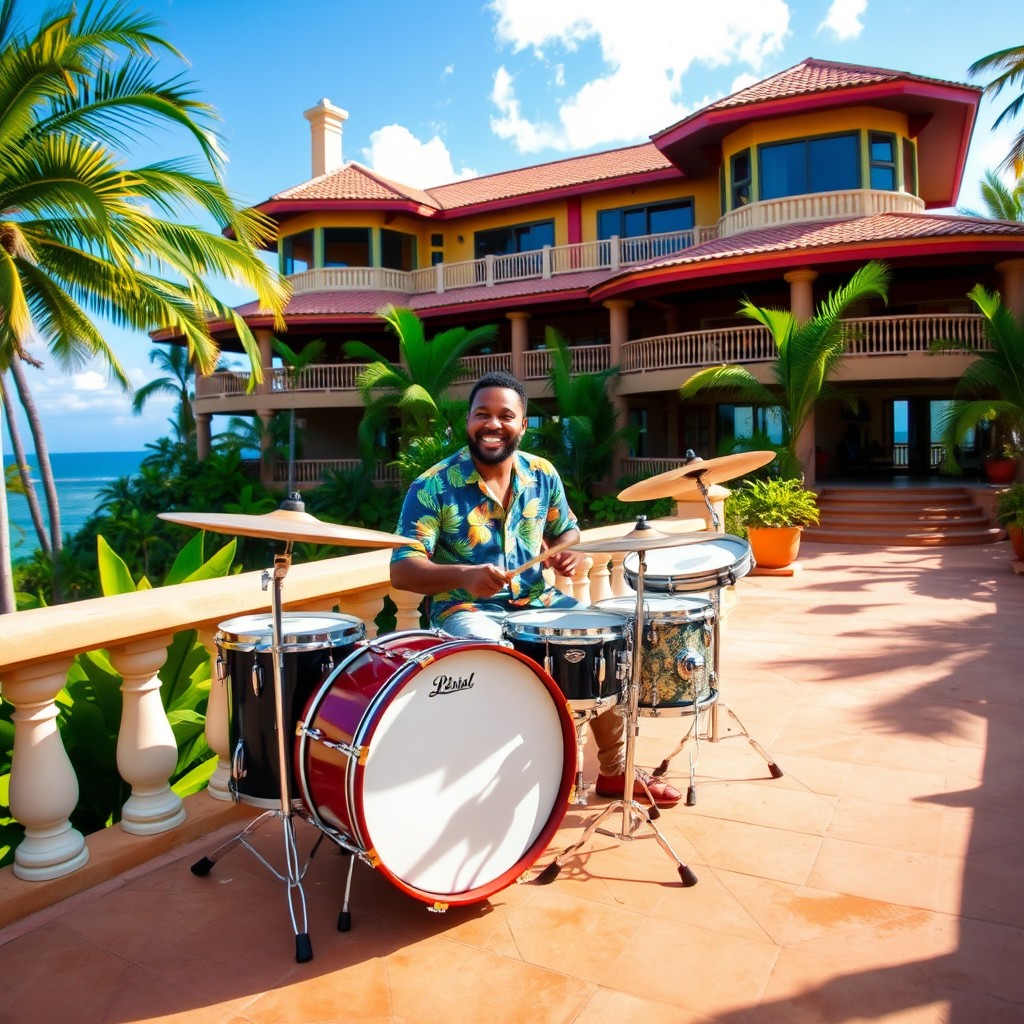 A Caribbean drummer seated, passionately playing a bass drum, two snare drums, and two cymbals on the terrace of a large villa