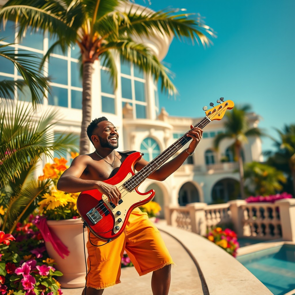 An Antillean man passionately playing a bass guitar on the terrace of a grand villa