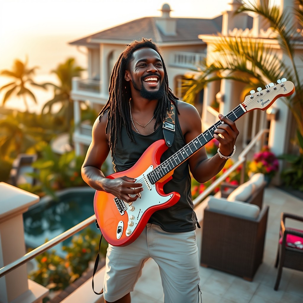 A scene featuring a Caribbean man playing an electric guitar on the terrace of a luxurious villa