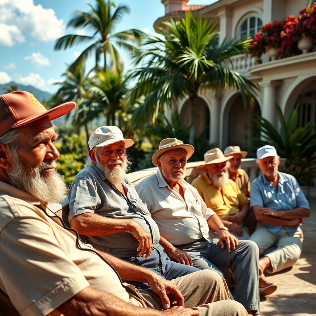 A row of old Caribbean vagrants wearing caps, sitting on the terrace of a large villa
