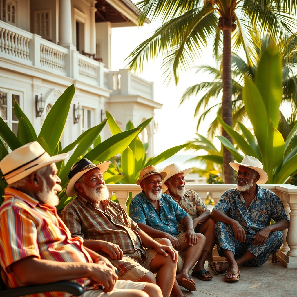 A row of elderly Caribbean vagrants wearing caps, sitting on the terrace of a grand villa