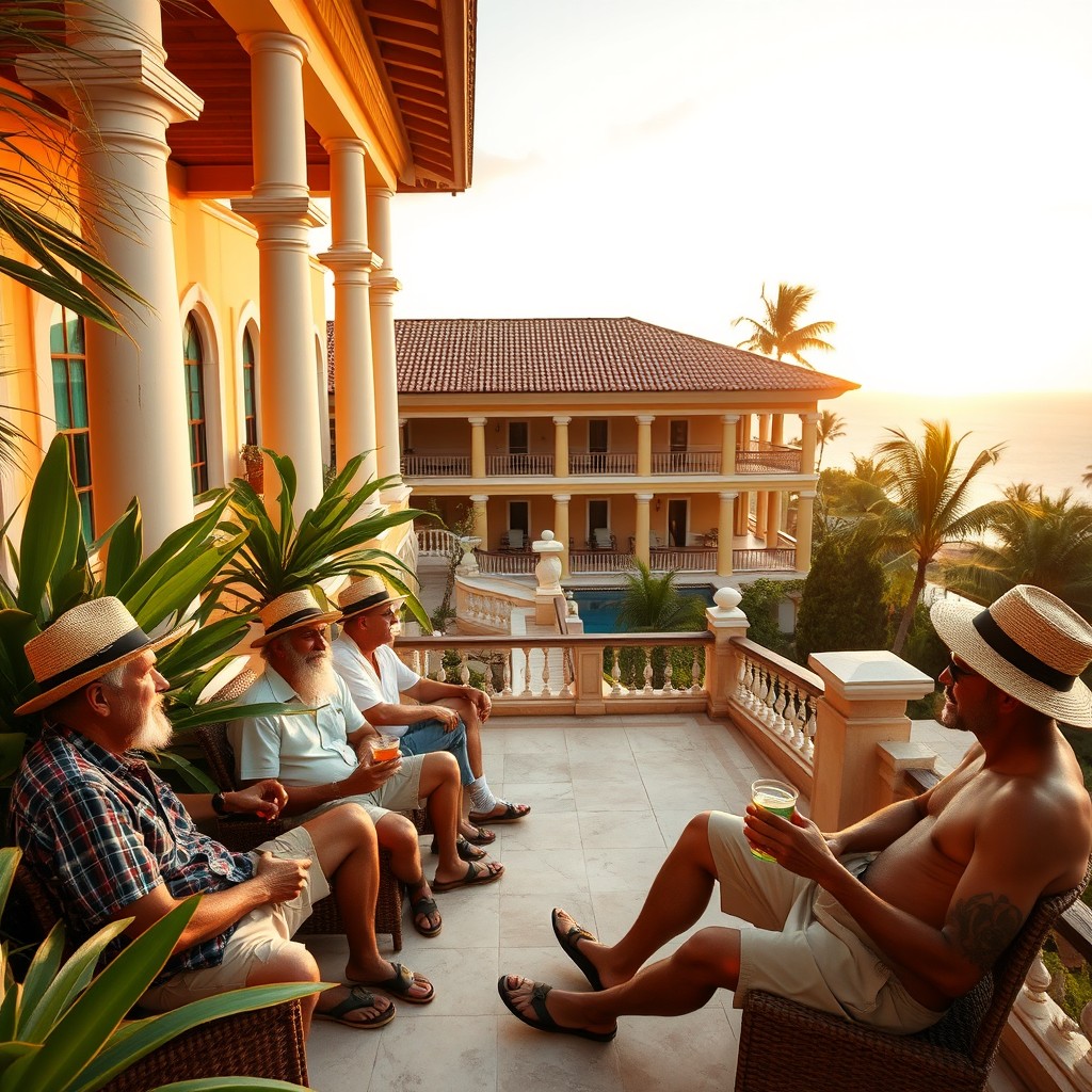 Old Caribbean vagabonds wearing caps sitting on the terrace of a large villa, surrounded by lush tropical foliage, the villa displaying colonial architecture with large columns and vibrant colors, the men exhibiting a relaxed demeanor, enjoying the warm sun, some holding drinks, wearing casual clothing, a peaceful atmosphere with a view of the ocean in the background, a hint of sunset creating warm tones in the sky