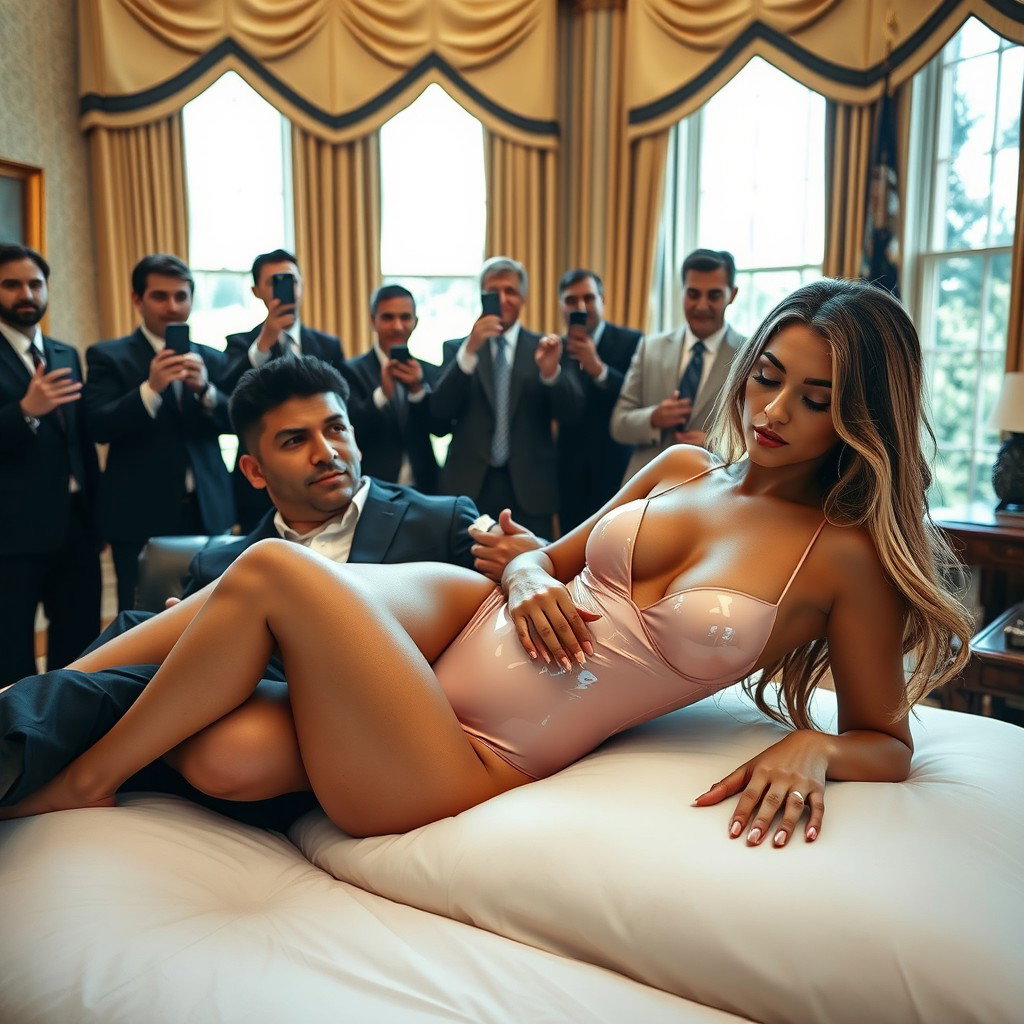In the iconic Oval Office, an 18-year-old Arabic woman captivates the scene as she reclines on a luxurious bed, with a man sitting up close and tenderly touching her