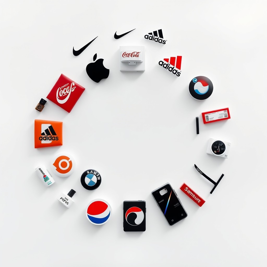 A square photorealistic composition showcasing a circular arrangement of iconic international brand products and logos, including Apple, Nike, Coca-Cola, Adidas, Google, Samsung, BMW, Pepsi, Amazon, and Sony