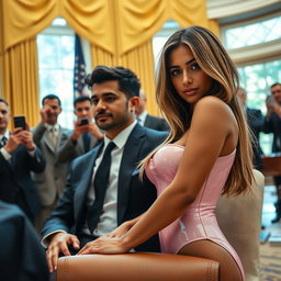 Inside the renowned Oval Office, an 18-year-old Arabic woman radiates beauty as she sits next to a man, their hands gently touching