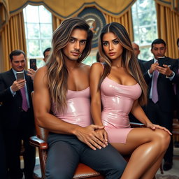 Inside the renowned Oval Office, an 18-year-old Arabic woman radiates beauty as she sits next to a man, their hands gently touching