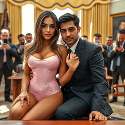 Inside the renowned Oval Office, an 18-year-old Arabic woman radiates beauty as she sits next to a man, their hands gently touching