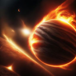 A dramatic scene showing the cataclysmic event of Earth and Jupiter collapsing into the sun, capturing the fiery inferno and the cosmic chaos.