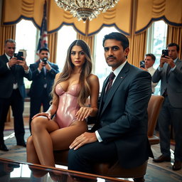 Inside the renowned Oval Office, an 18-year-old Arabic woman radiates beauty as she sits next to a man, their hands gently touching