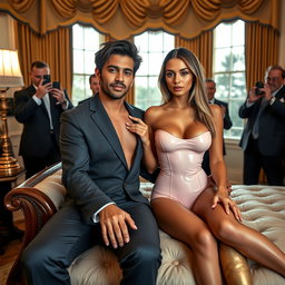 In the elegant setting of the Oval Office, an 18-year-old Arabic woman radiates beauty as she sits next to a man on a luxurious fancy bed, his fingers gently touching her