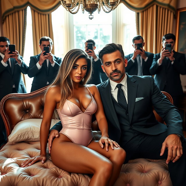 In the elegant setting of the Oval Office, an 18-year-old Arabic woman radiates beauty as she sits next to a man on a luxurious fancy bed, his fingers gently touching her