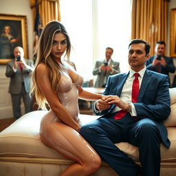 In the prestigious Oval Office, an 18-year-old Arabic woman captures attention with her stunning beauty as she sits on a luxurious fancy bed next to a man in a blue suit, white shirt, and red tie, their hands gently touching