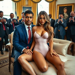 In the prestigious Oval Office, an 18-year-old Arabic woman captures attention with her stunning beauty as she sits on a luxurious fancy bed next to a man in a blue suit, white shirt, and red tie, their hands gently touching