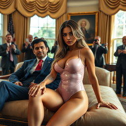 In the prestigious Oval Office, an 18-year-old Arabic woman captures attention with her stunning beauty as she sits on a luxurious fancy bed next to a man in a blue suit, white shirt, and red tie, their hands gently touching