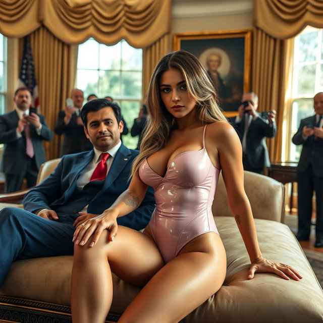 In the prestigious Oval Office, an 18-year-old Arabic woman captures attention with her stunning beauty as she sits on a luxurious fancy bed next to a man in a blue suit, white shirt, and red tie, their hands gently touching