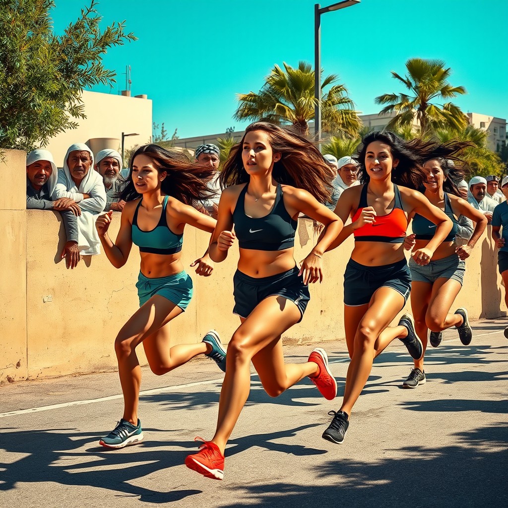 A dynamic scene depicting a group of athletic women running energetically in shorts, showing expressions of determination and intensity, set within an urban environment