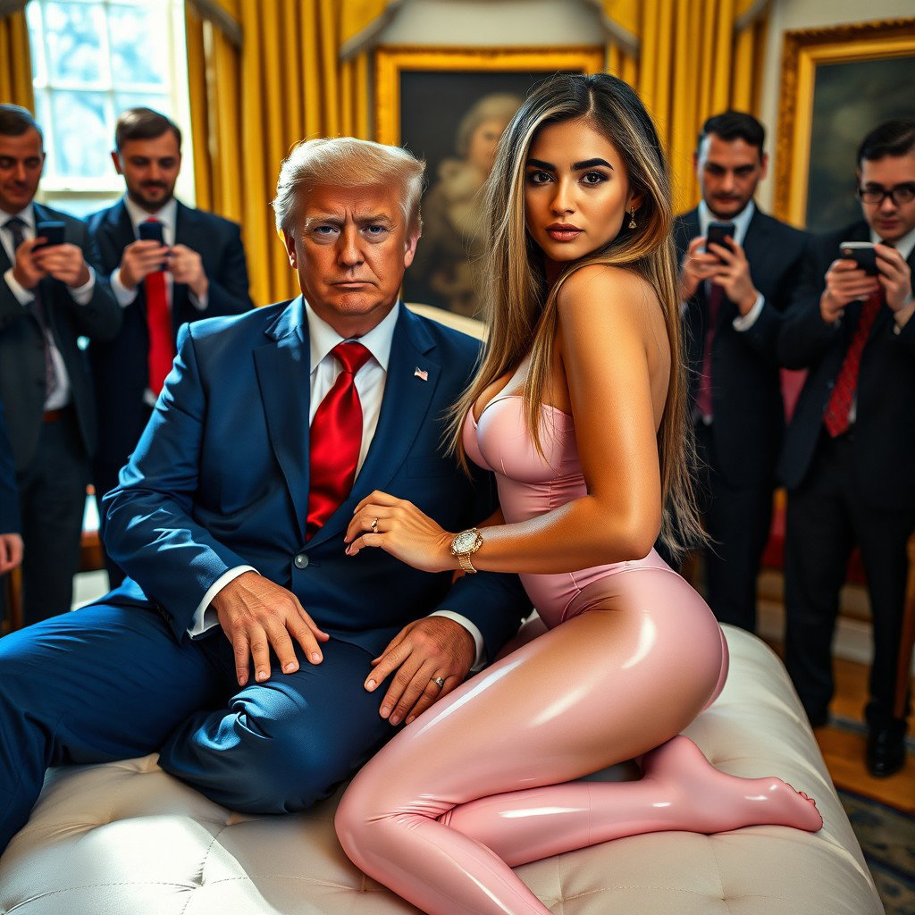 In the iconic Oval Office, an 18-year-old Arabic woman embodies beauty as she sits next to a slightly heavier man dressed in a blue suit, white shirt, and red tie, their hands gently touching on a luxurious fancy bed