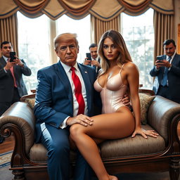 In the iconic Oval Office, an 18-year-old Arabic woman embodies beauty as she sits next to a slightly heavier man dressed in a blue suit, white shirt, and red tie, their hands gently touching on a luxurious fancy bed