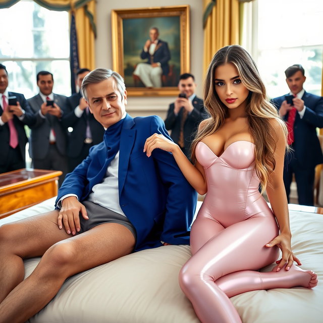 In the iconic Oval Office, an 18-year-old Arabic woman embodies beauty as she sits next to a slightly heavier man dressed in a blue suit, white shirt, and red tie, their hands gently touching on a luxurious fancy bed