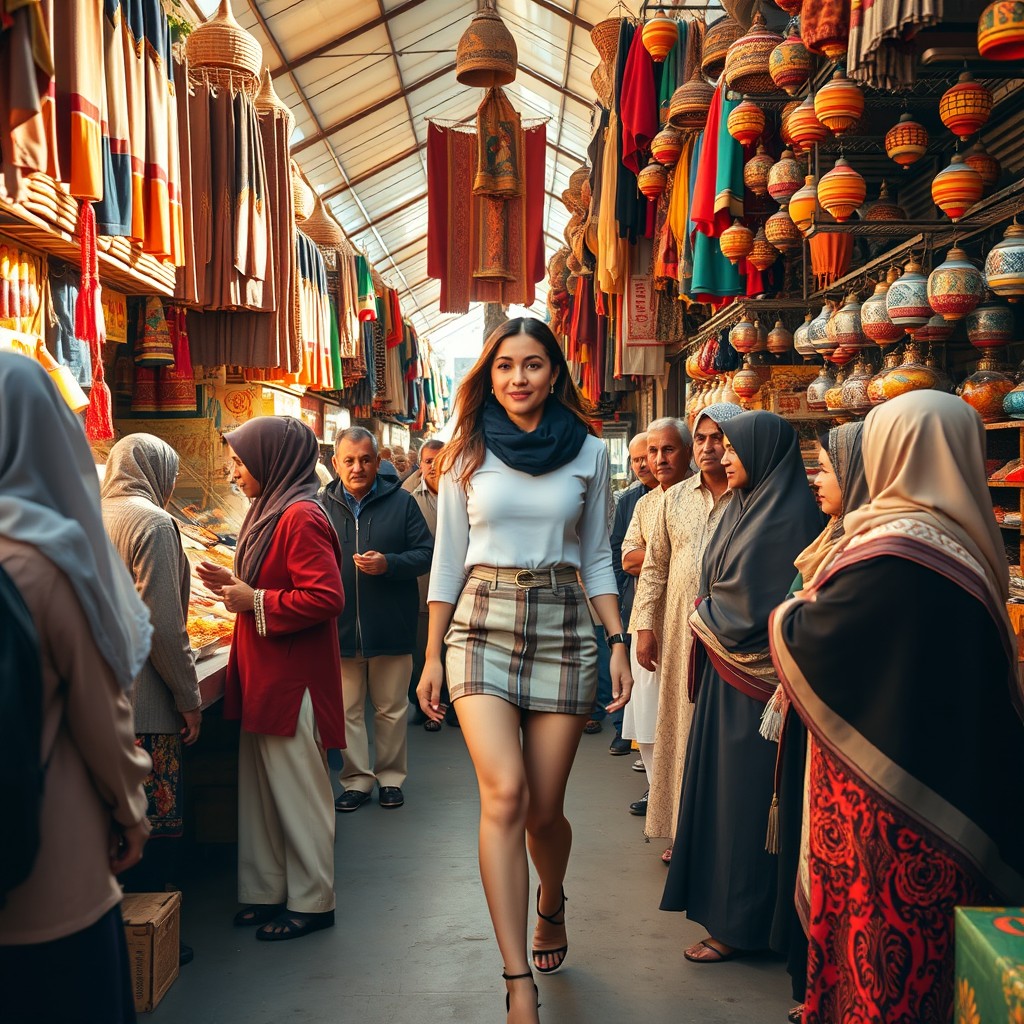 A vibrant scene set in a bustling Muslim bazaar, with a woman wearing a stylish short skirt, walking confidently among the market stalls