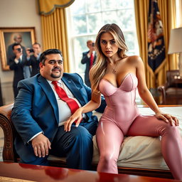 In the iconic Oval Office, a stunning 18-year-old Arabic woman captivates with her beauty as she sits on a luxurious fancy bed beside a heavier man dressed in a blue suit, white shirt, and red tie, their hands gently touching